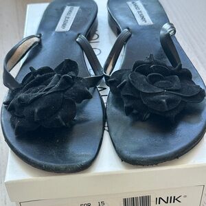 Manolo Blahnik Black suede floral flip flop sandals- Women